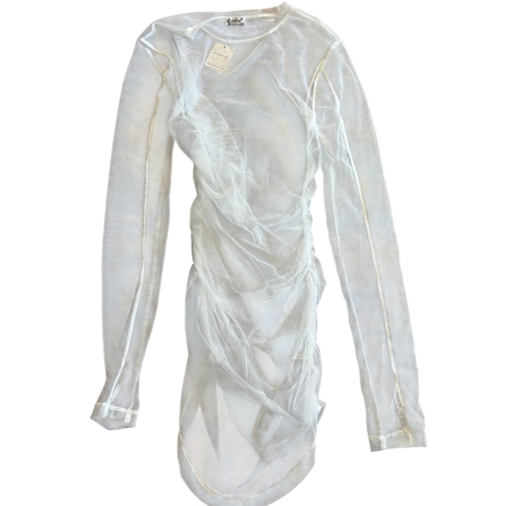 Free People White Sheer Mesh Dress Long Sleeve Size M Layering See Through